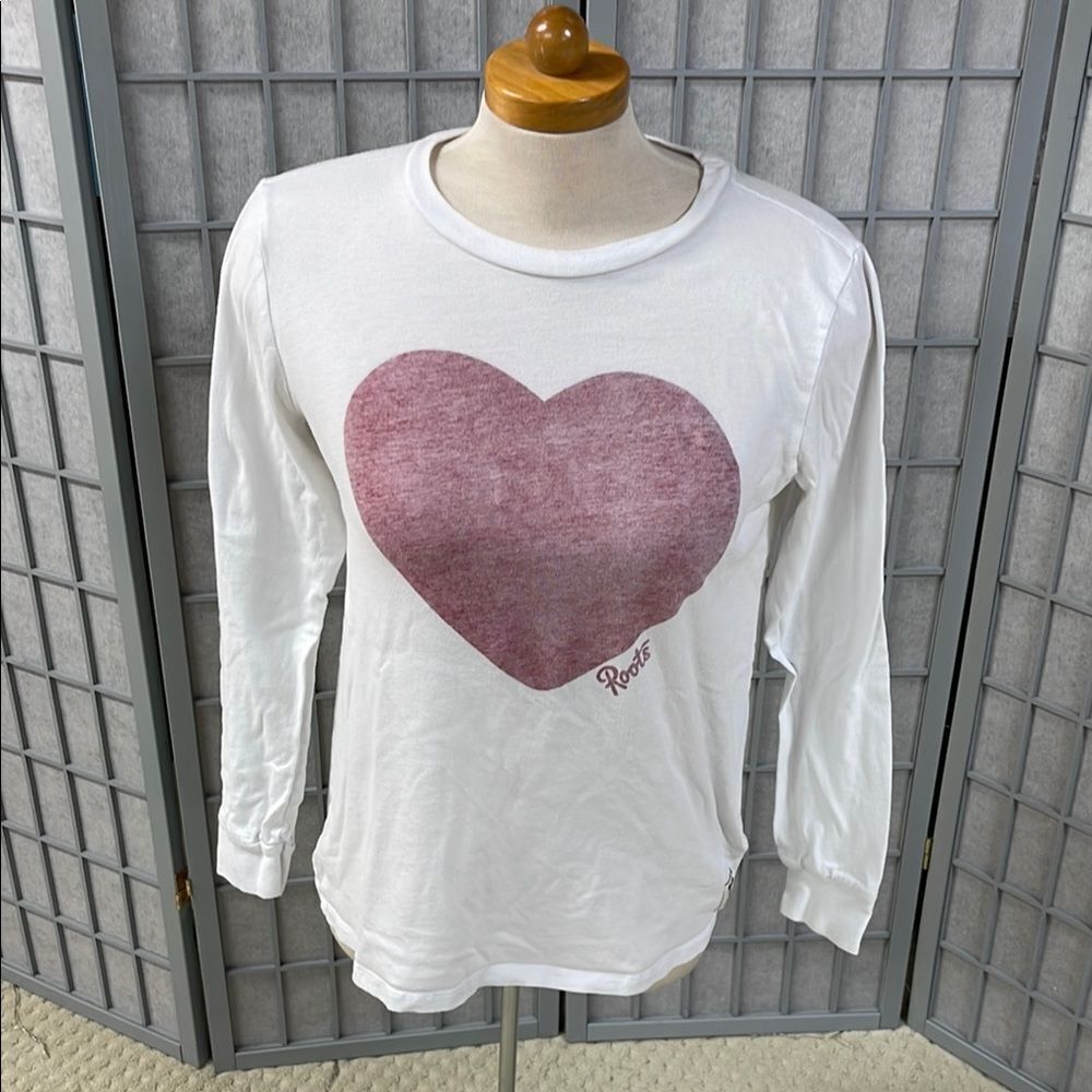 Roots White Long Sleeve Shirt with Heart Graphic, Women’s Size Small